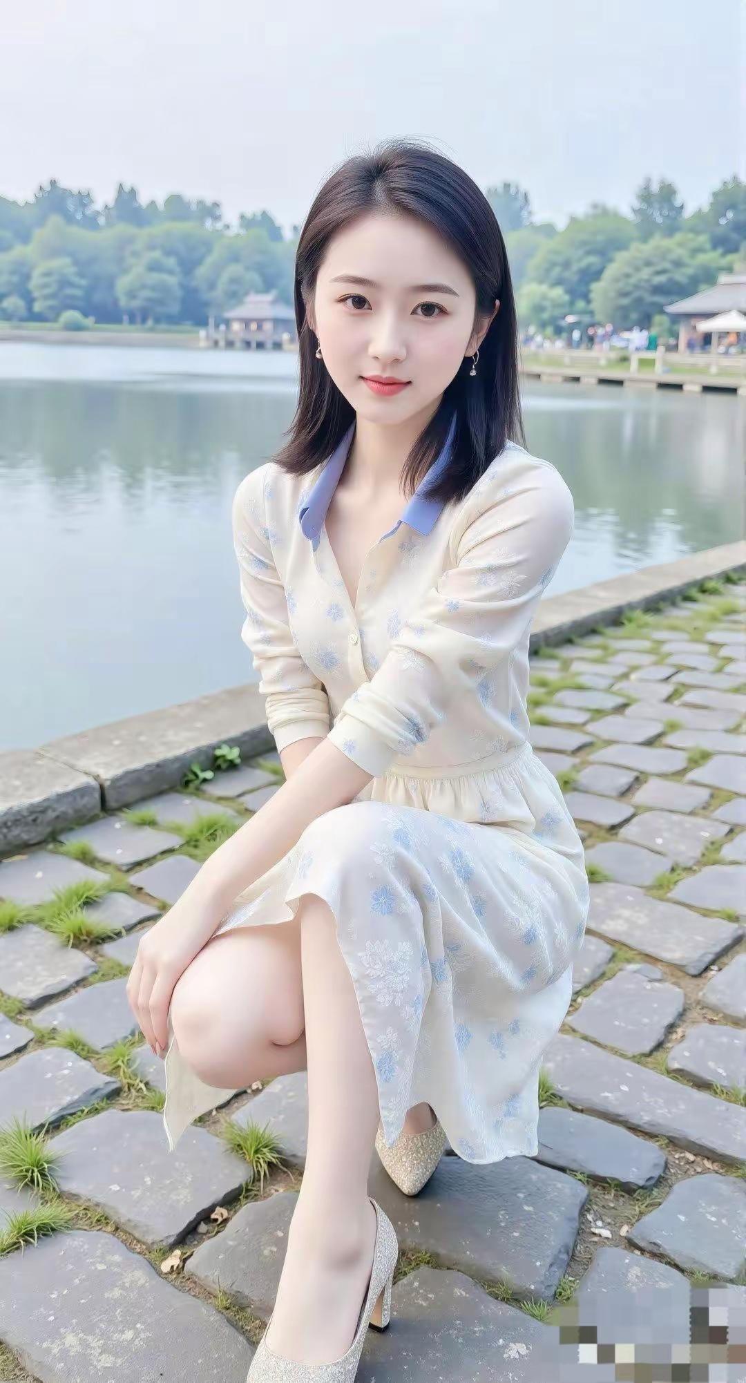 在湖畔的温柔时光，浅蓝裙摆随风飘扬。