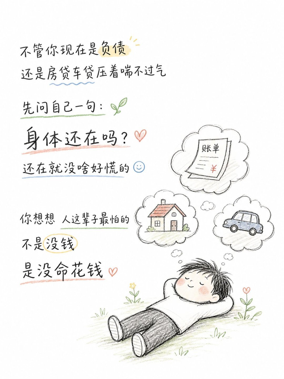 人活着就两件事，想通了就不焦虑了说个事。不管你现在是欠着钱还是背着贷，身体还行的