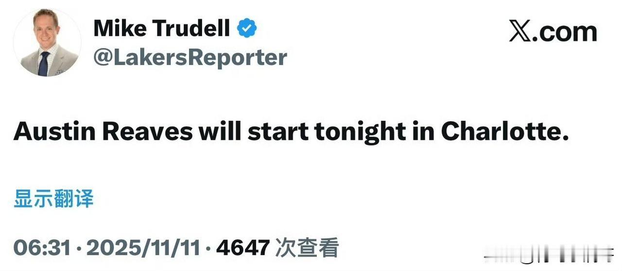 复出了！！！里夫斯首发出战对黄蜂的比赛！

根据记者Mike Trudell最新