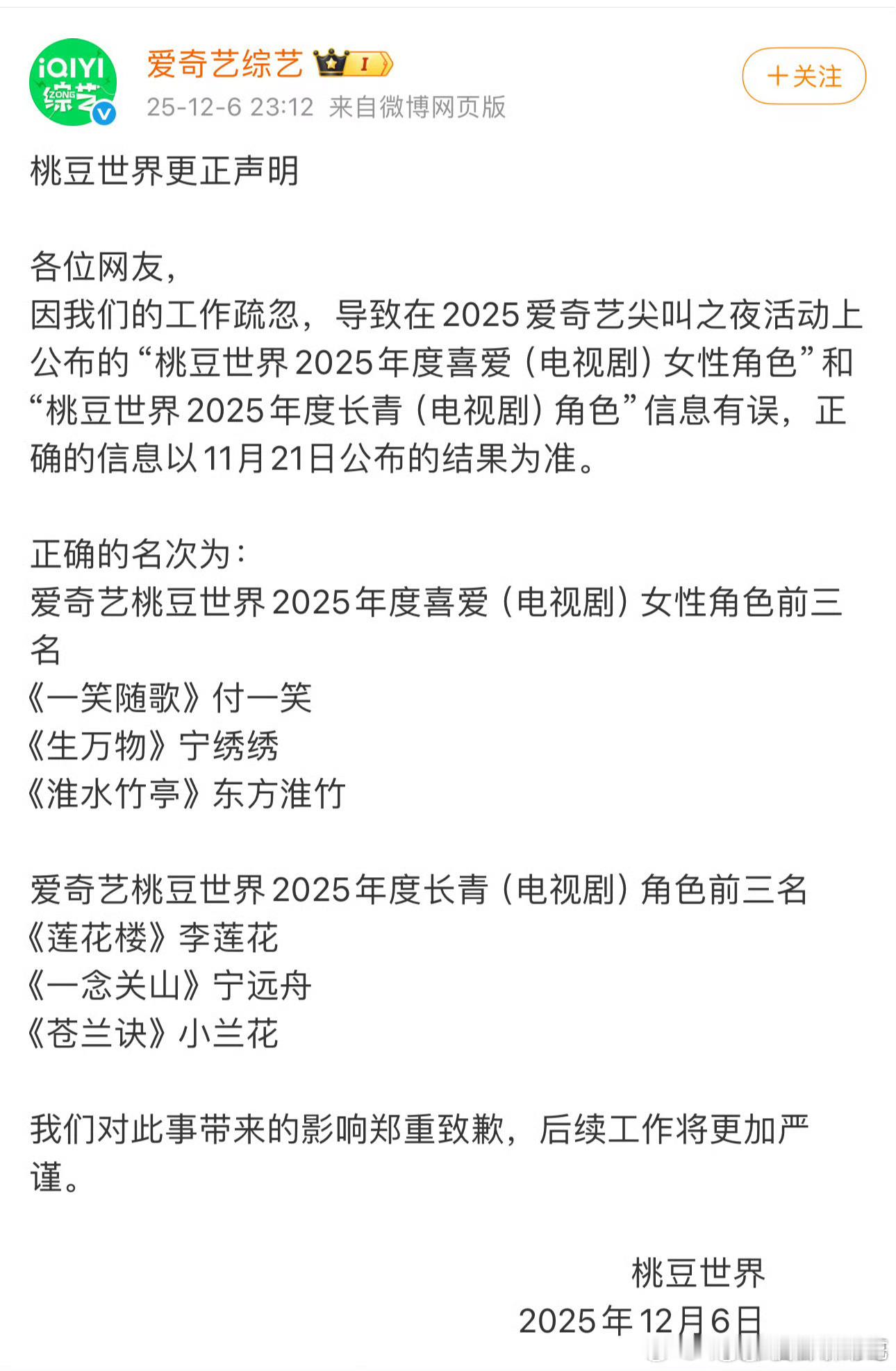 爱奇艺年度喜爱女性角色爱奇艺这是什么草台班子，颁奖都结束了现在更正有什么意义？本