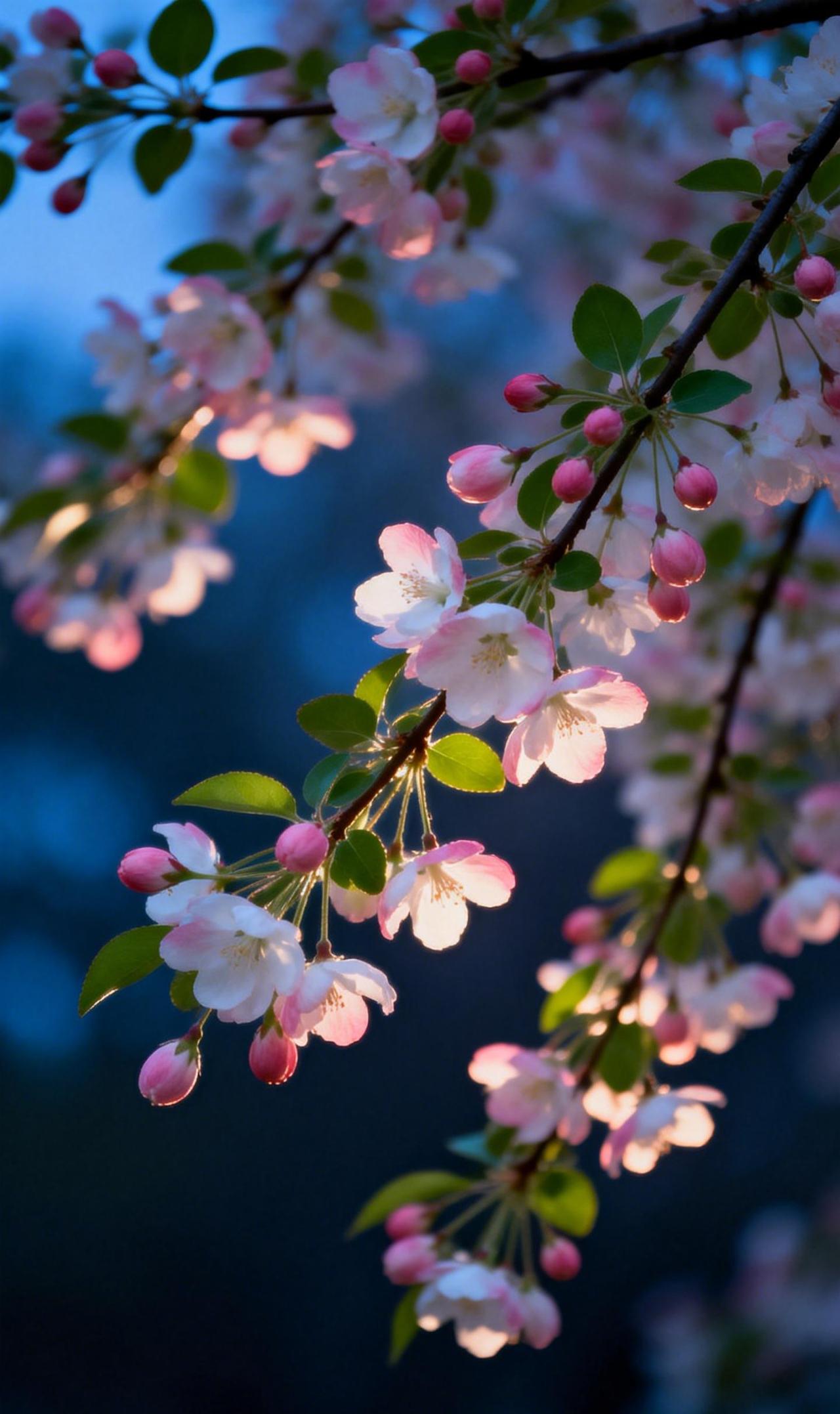 垂丝海棠，春垂一帘幽梦
晨光未澈，或夕照将溶时，一枝垂丝海棠便自朦胧的靛蓝背景里