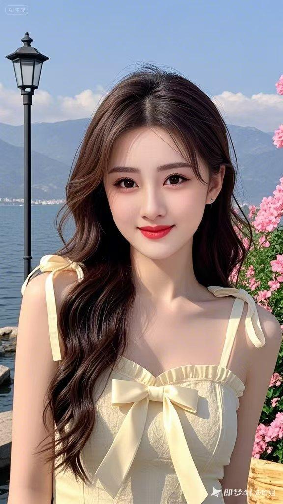 海边花影斑驳，少女笑靥明媚动人，浅黄蝴蝶结裙摆随风轻扬，海风裹挟温柔气息，每一帧