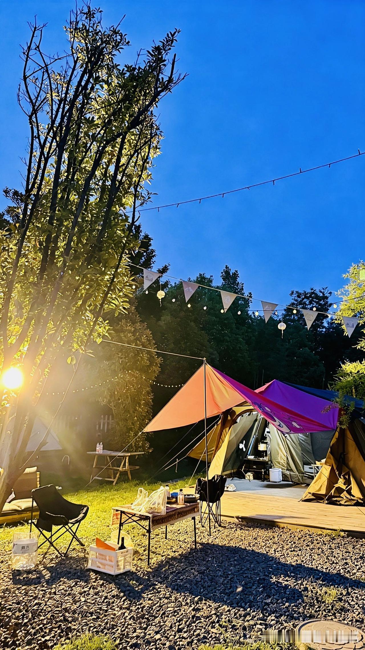 夜幕慢慢降下来，春日的晚风软软的，营地的小灯串一亮，整个世界一下子就慢下来啦✨