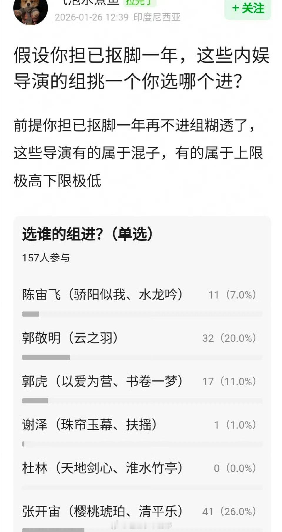 假设你担已抠脚一年，这些内娱导演的组挑一个你选哪个进？ 