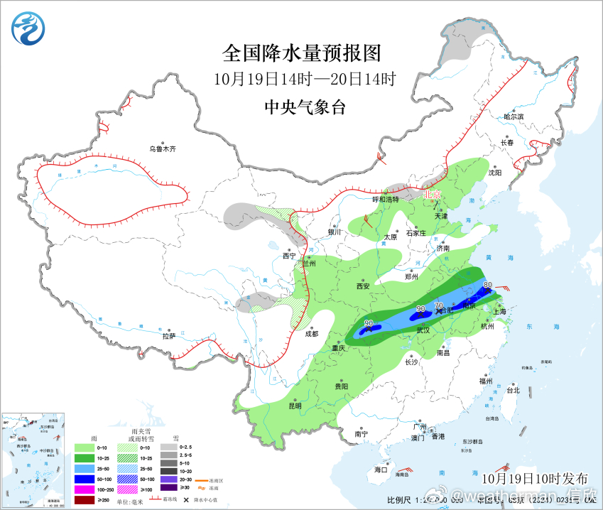 【降水】今天08-14时，河南湖北安徽江苏一带，因为低空切变线影响，出现降雨。其