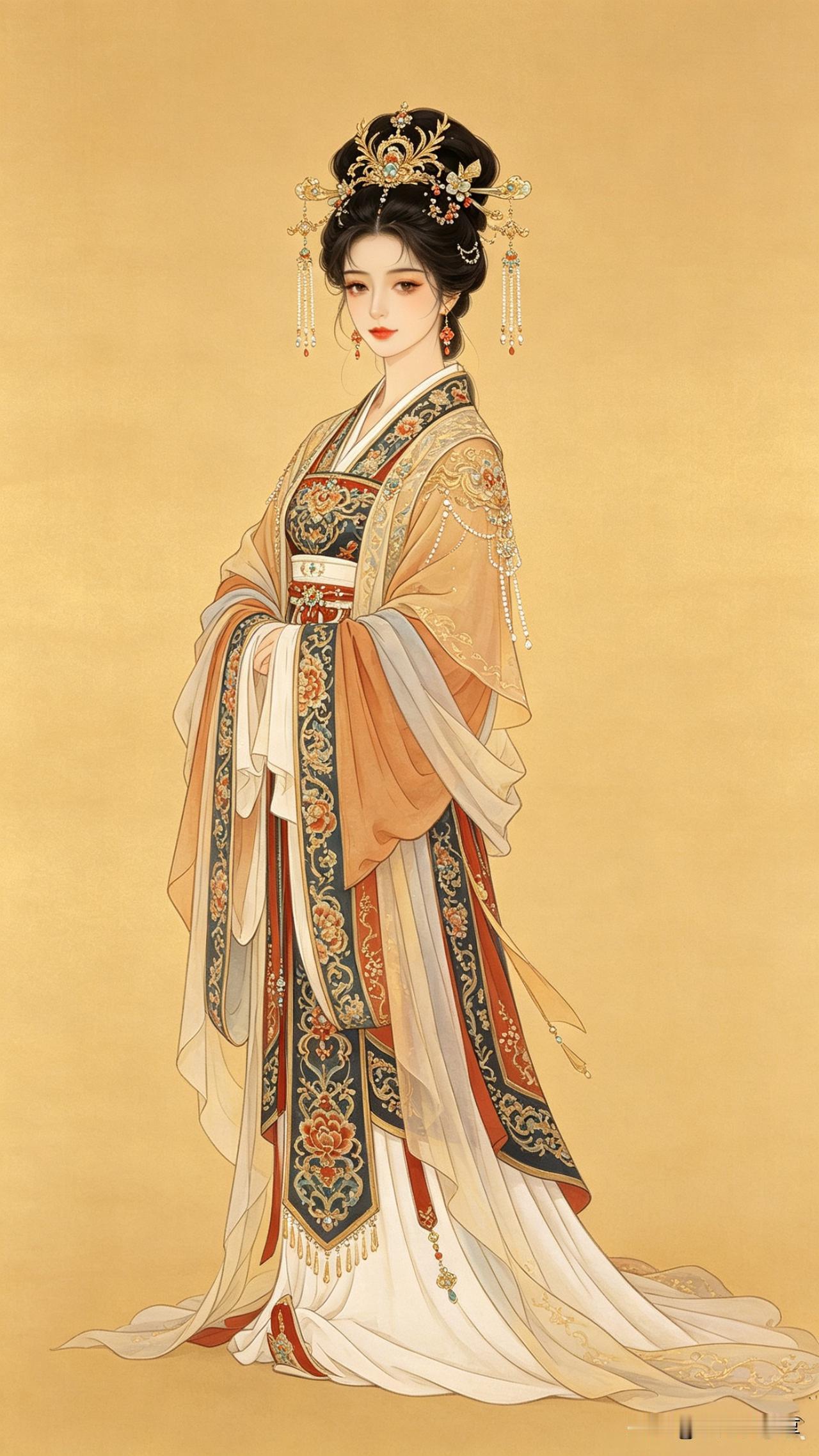 鹧鸪天·华服佳人

金碧辉煌映晚妆，云鬓高挽凤钗长。
锦衣绣袄繁花簇，玉带腰封束