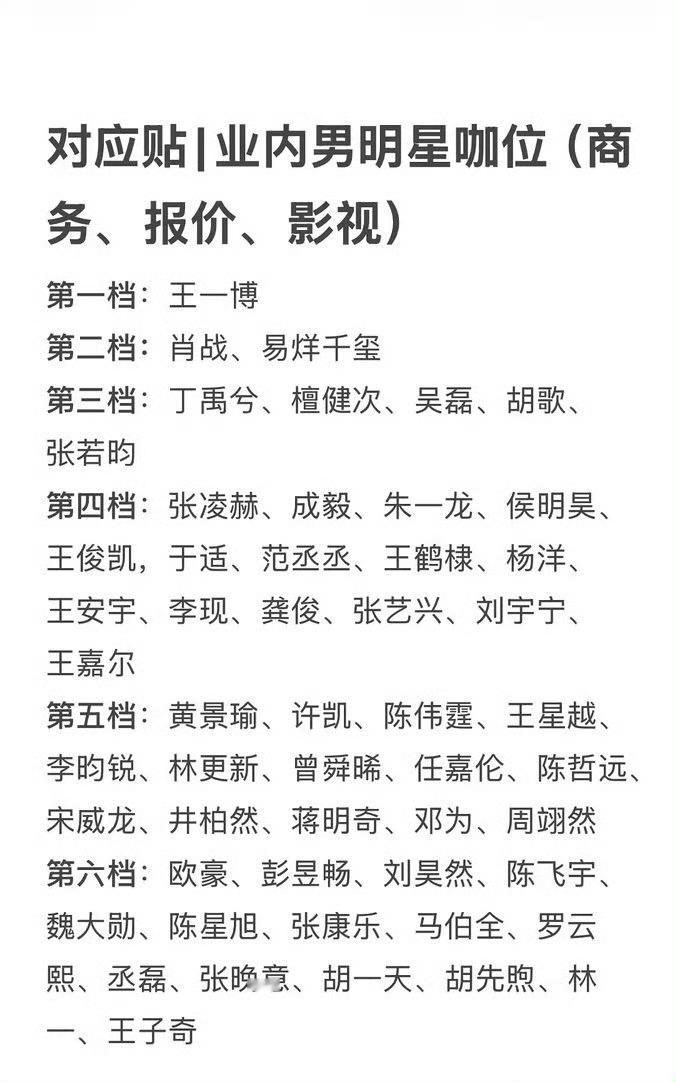网友评业内男明星咖位第一档：王一博第二档：肖战、易烊千玺第三档：丁禹兮、檀健次、