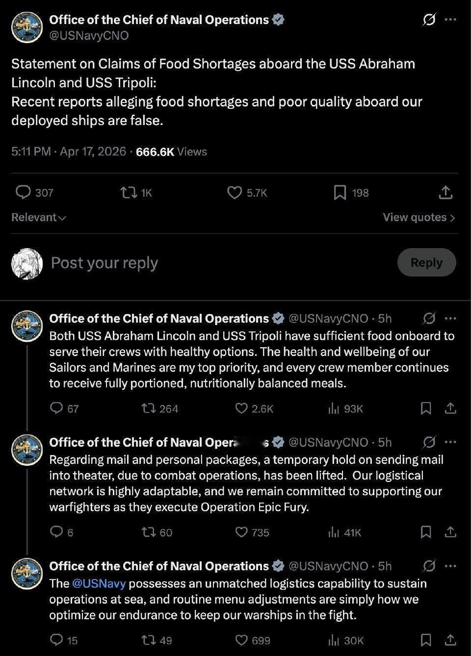 4月17日，美国战争部长赫格塞思公开回应中东美军舰艇食物短缺传闻，称相关报道为虚