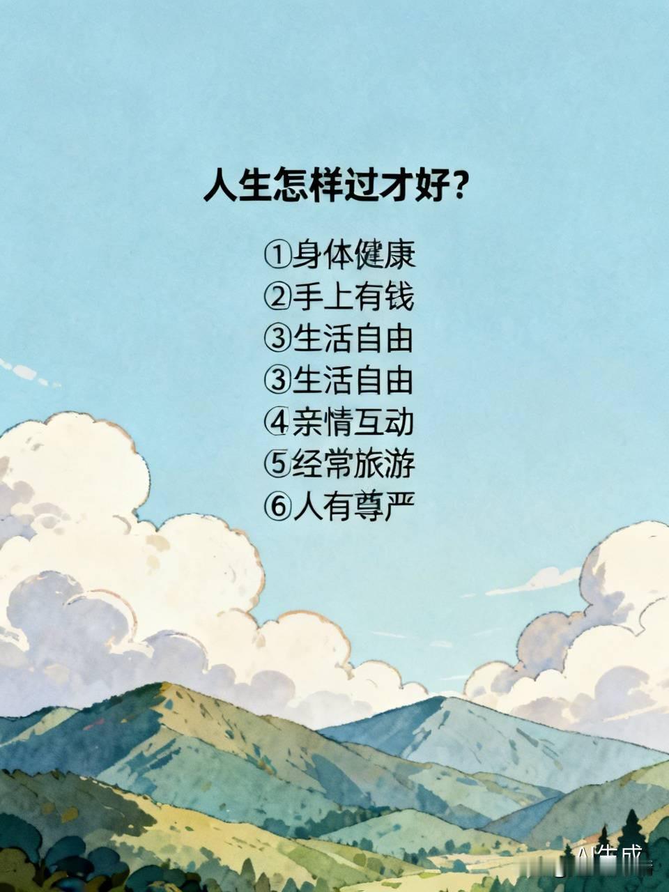 人生怎样过才好？
①身体健康。
②手上有钱。
③生活自由。
④亲情互动。
⑤经常