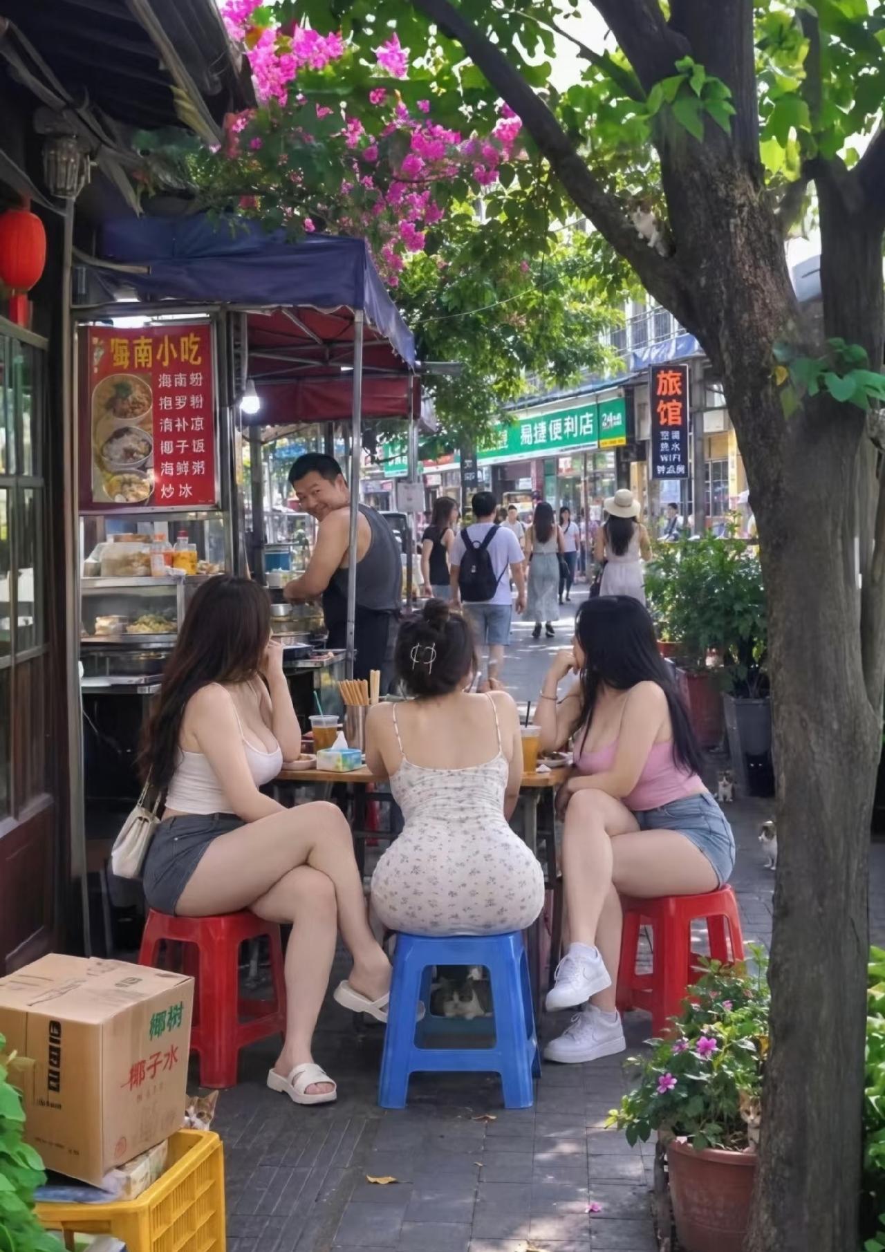 夏天就该大大方方的穿，
过度防晒看着就闷的慌，
小吃摊老板笑的合不拢嘴，
美好的