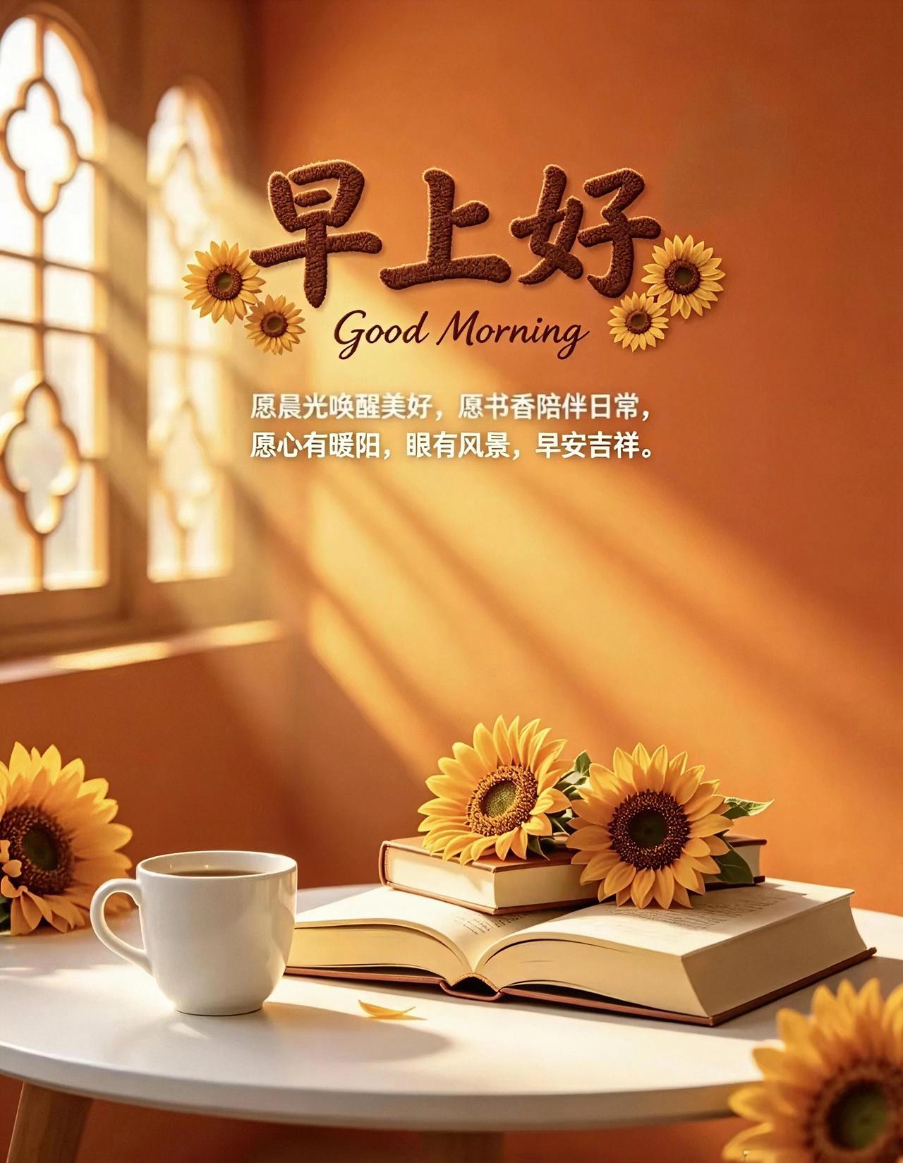 晨光吻过向日葵，书香与咖啡香交织。愿你眼里有光，心中有暖，早安！