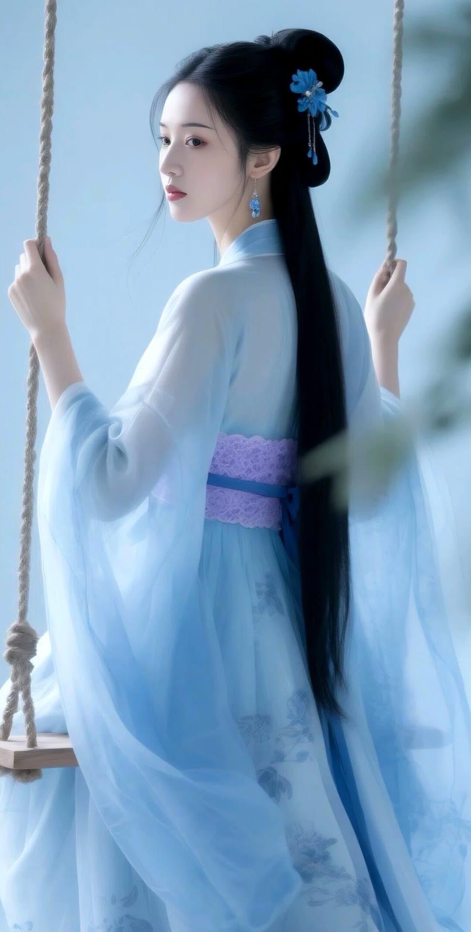 古风少女荡秋千，蓝衣飘飘，宛如仙子。