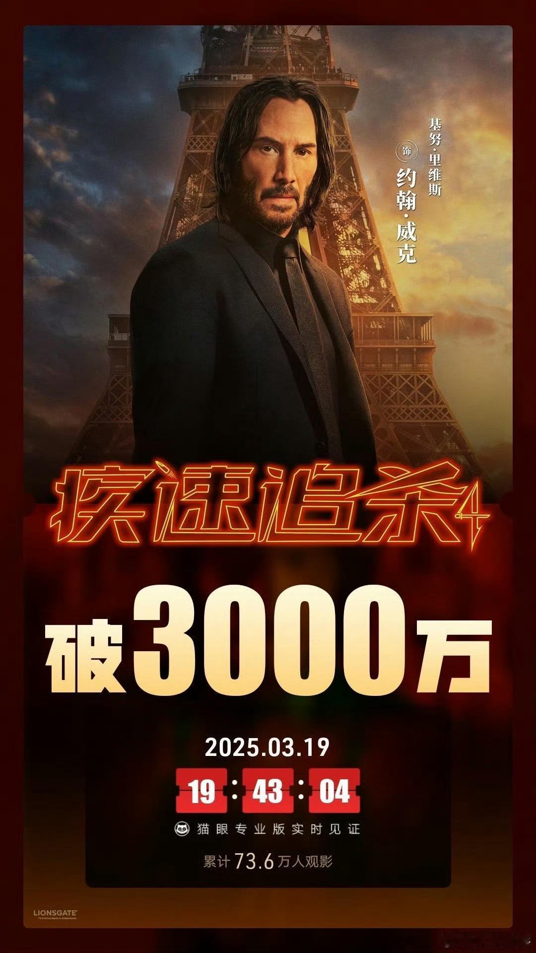 疾速追杀4票房破3000万 据猫眼专业版数据，电影 《疾速追杀4 》上映6天， 