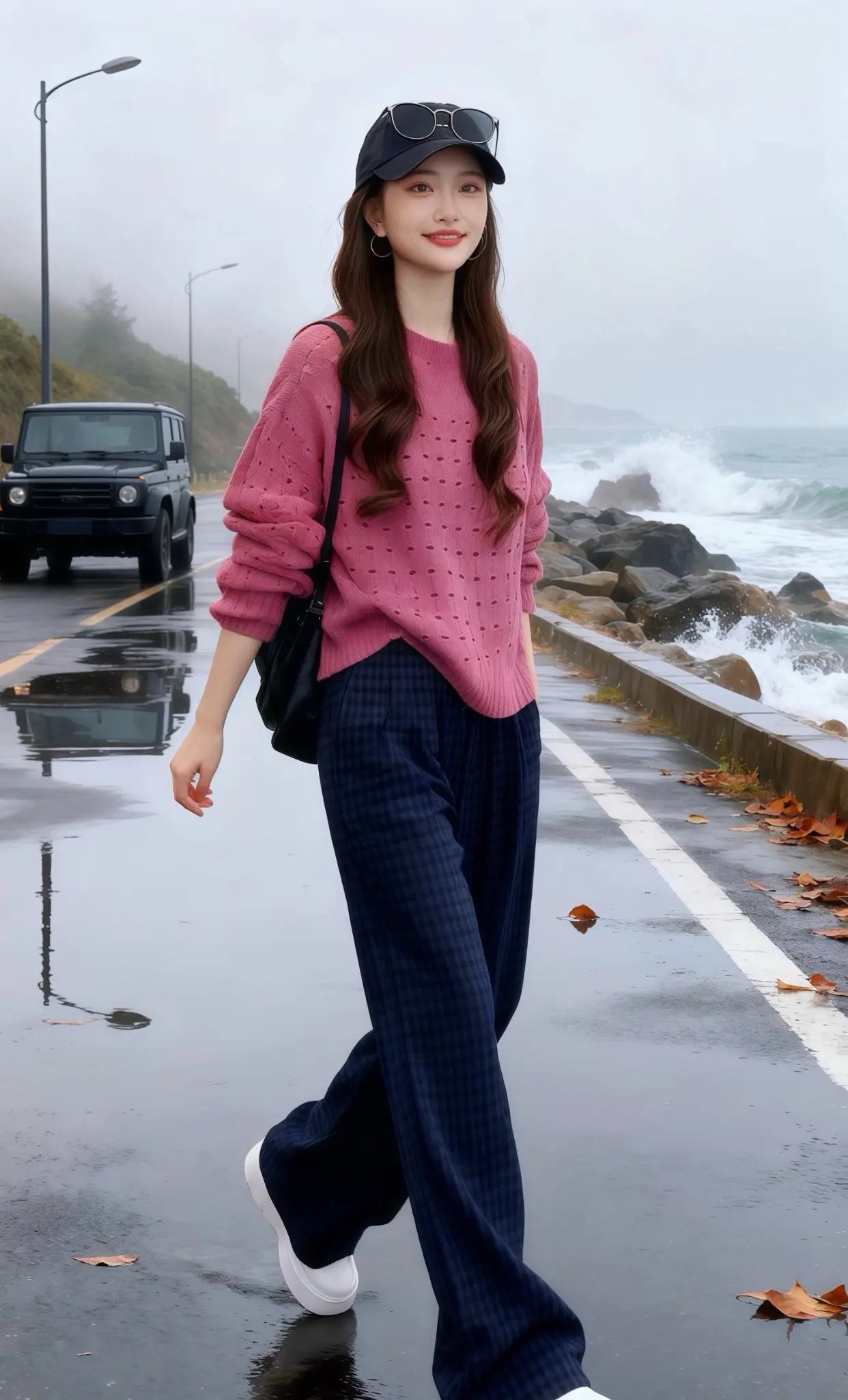 《雨后海岸公路，她把自由与时尚穿成了诗》雨后的沿海公路，雾气氤氲，海浪...