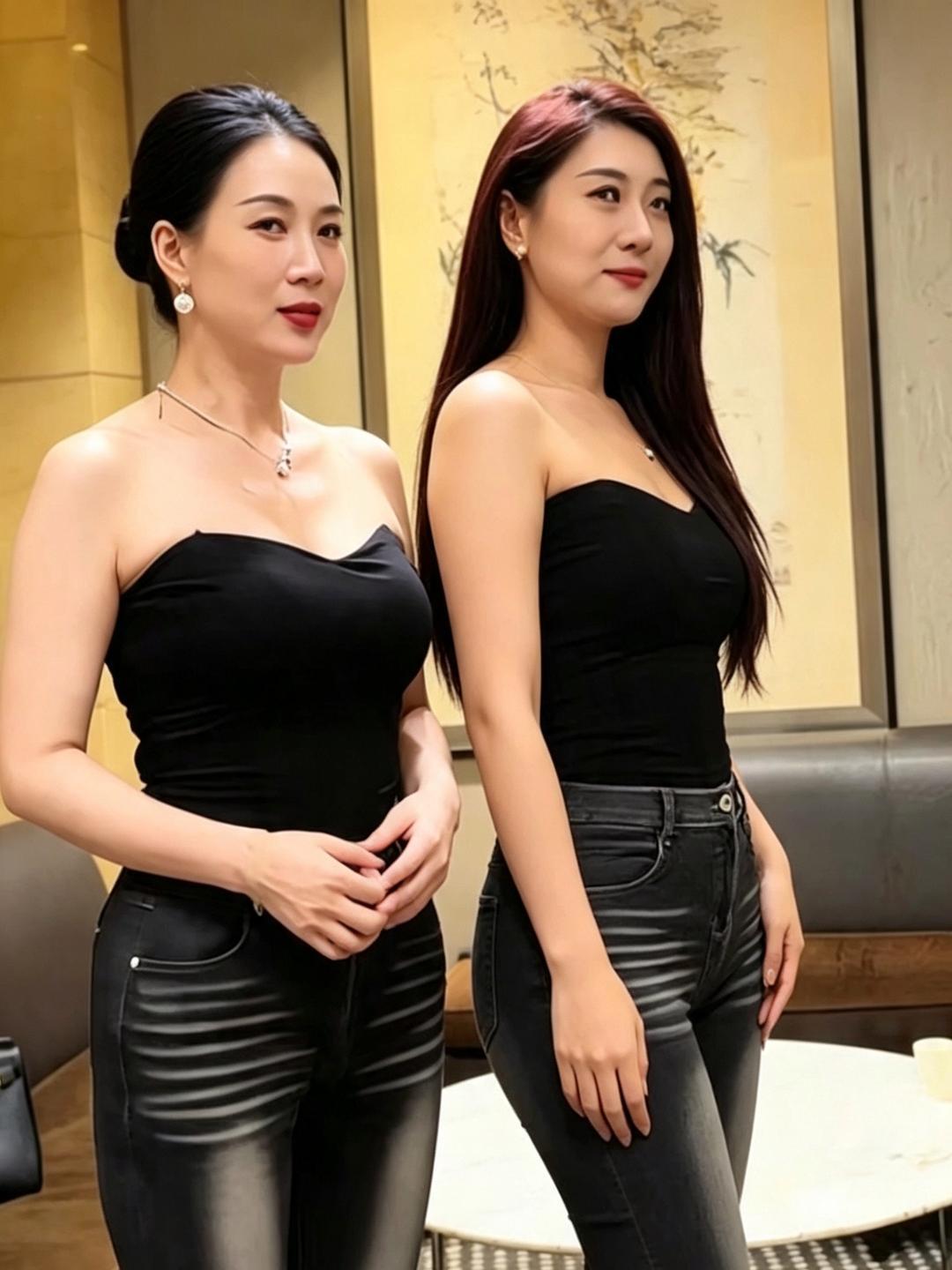 会客室内的两位女士，同款黑色抹胸上衣搭配做旧深色修身牛仔裤，简约酷感，搭配精致首