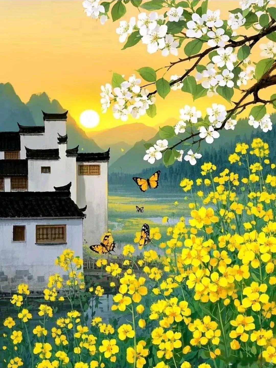 乡村田园的油菜花开了...  春暖花开治愈背景图 ​​​
