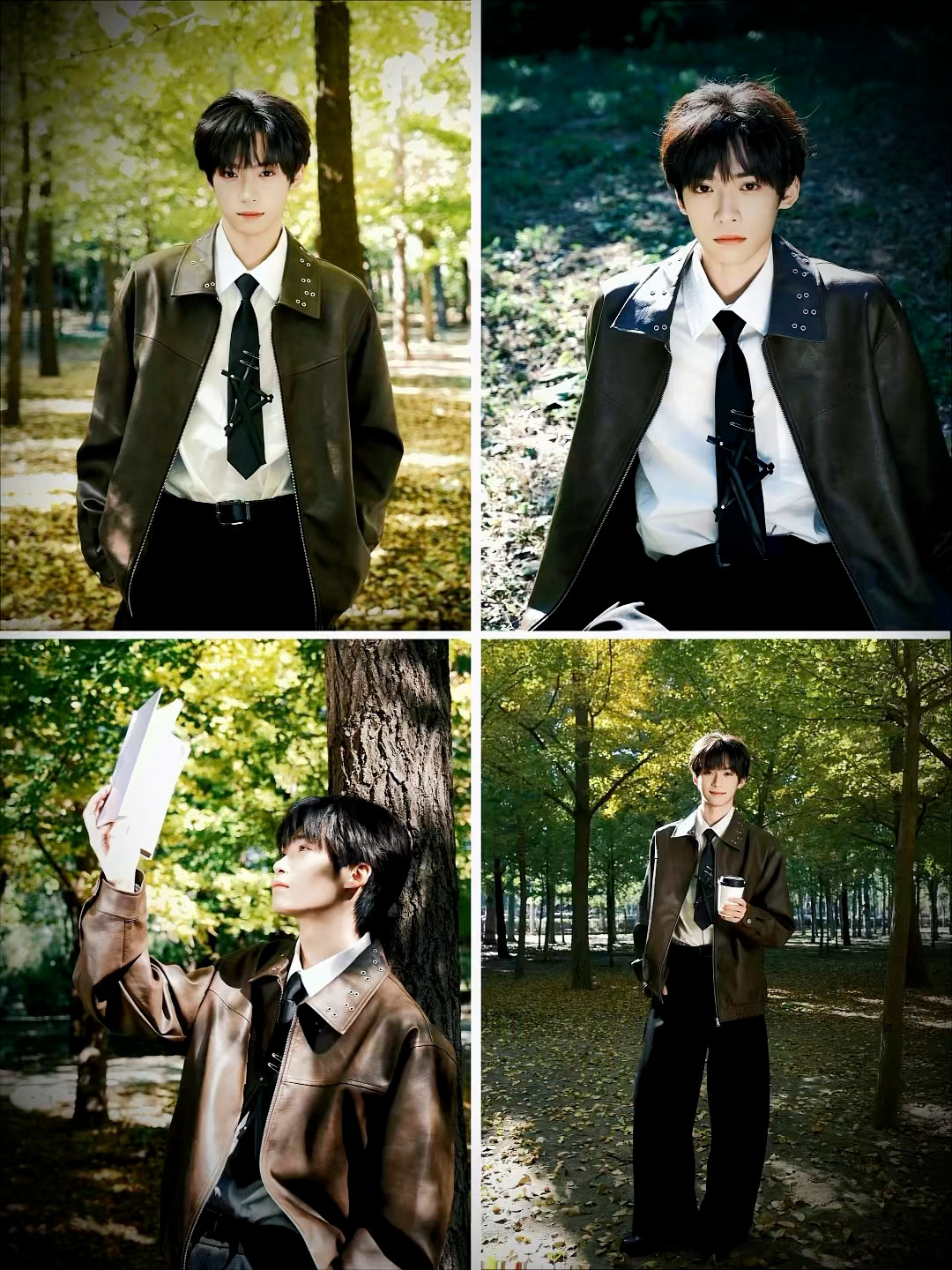 梓渝秋意大片好有氛围感，好青春好男大，皮衣配衬衫领带完全是学长！这是18岁的梓渝