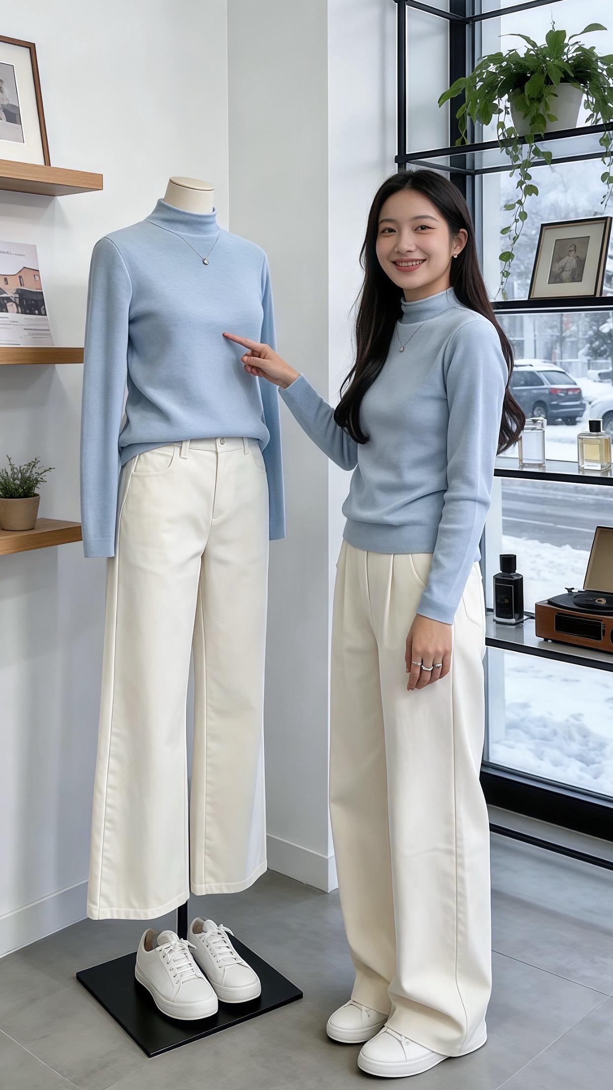 浅蓝高领打底衫搭配奶白色阔腿裤，清清爽爽的感觉像是把蓝天穿在身上，温柔...