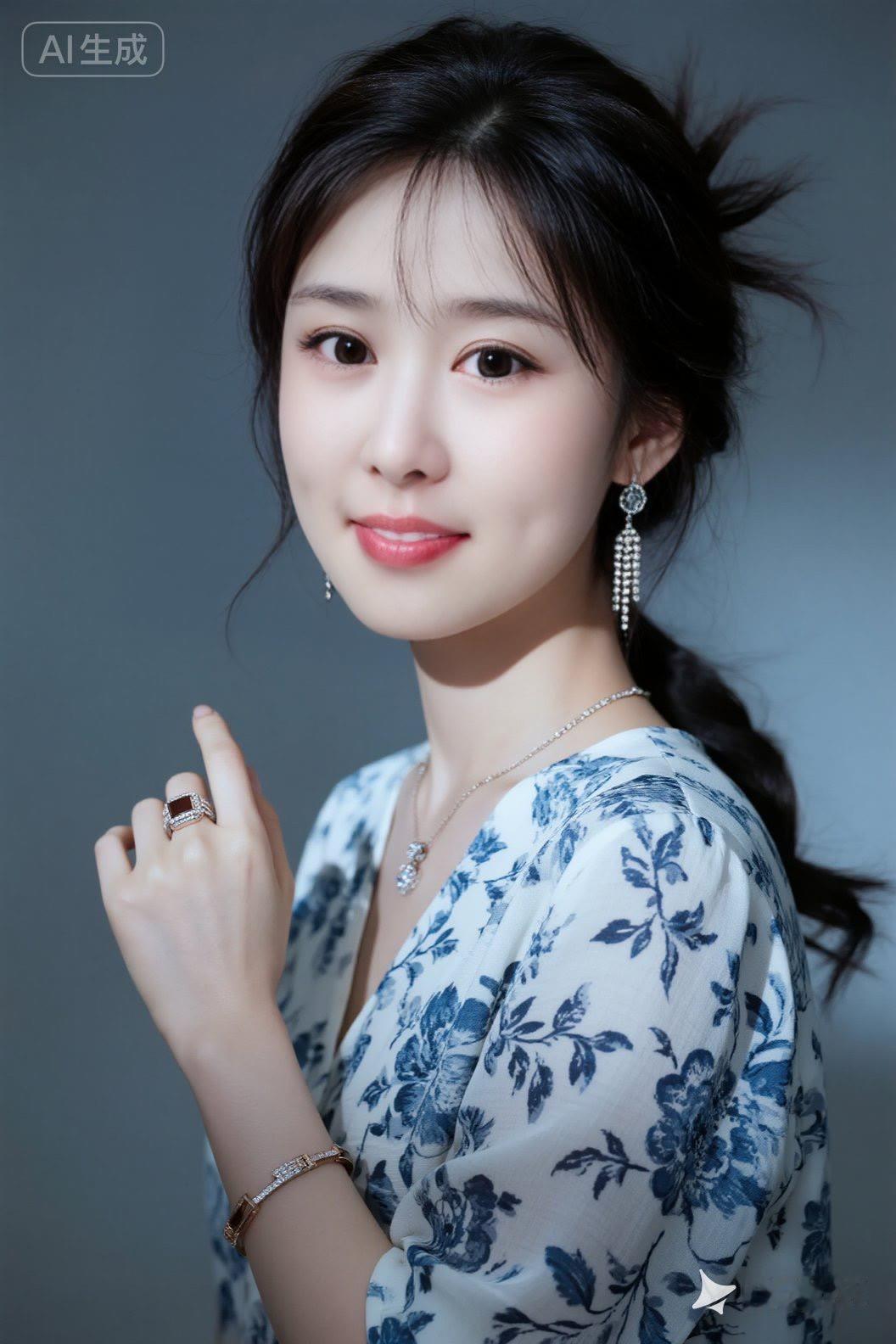 优雅蓝花裙，甜美笑容，时尚珠宝配饰，尽显女性魅力！