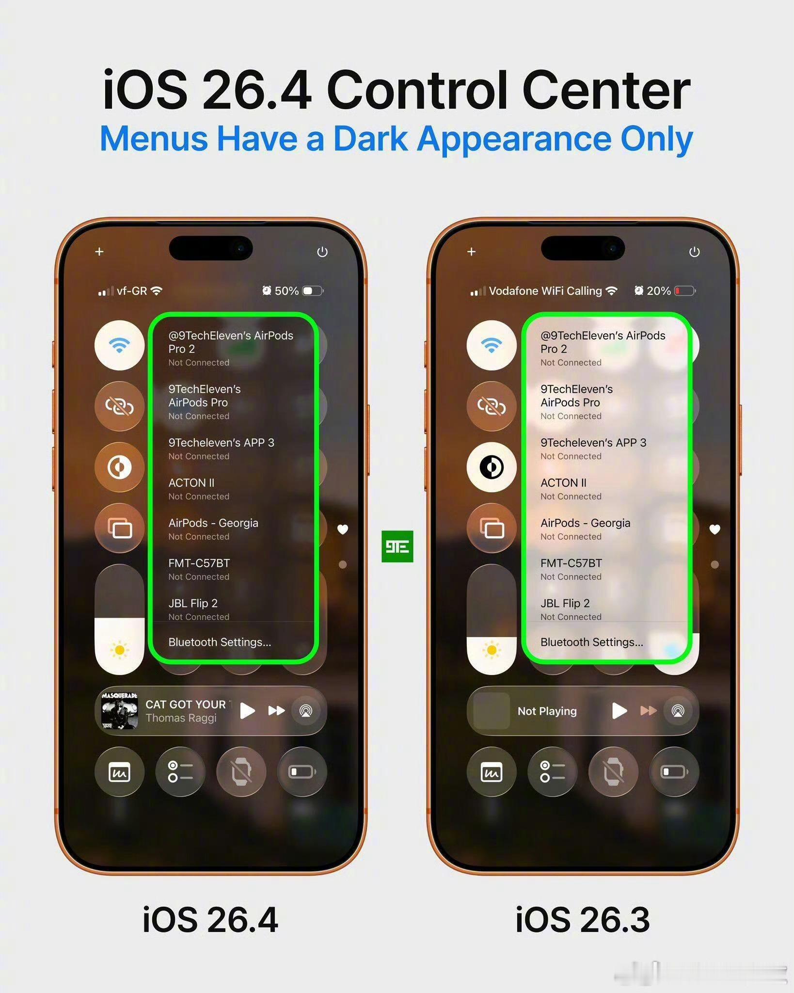 iOS 26.4更新，控制中心改版！与之前的iOS版本相比，现在的上下文菜单颜色