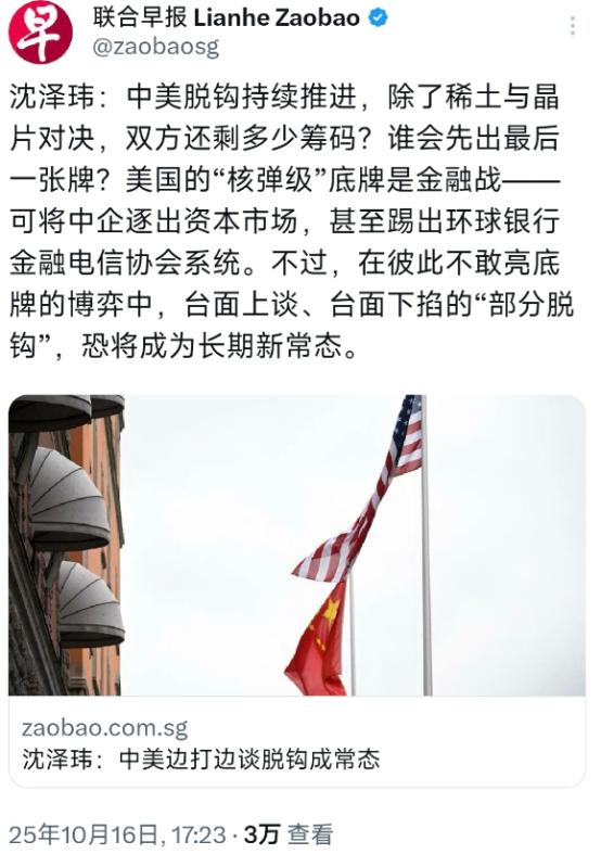 新加坡联合早报10月16日发布沈泽玮的评论：“中美脱钩持续推进，除了稀土与芯片对