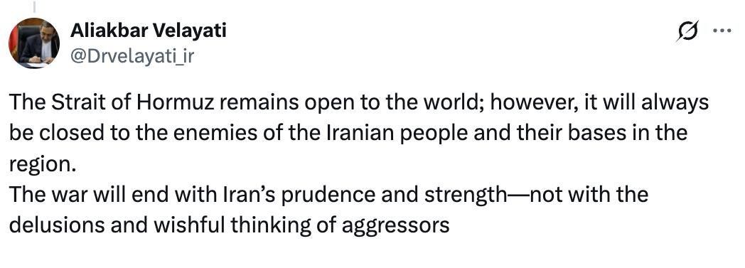 当地时间4月2日，伊朗最高领袖外事顾问、前外长韦拉亚提在其个人社交媒体平台账号上