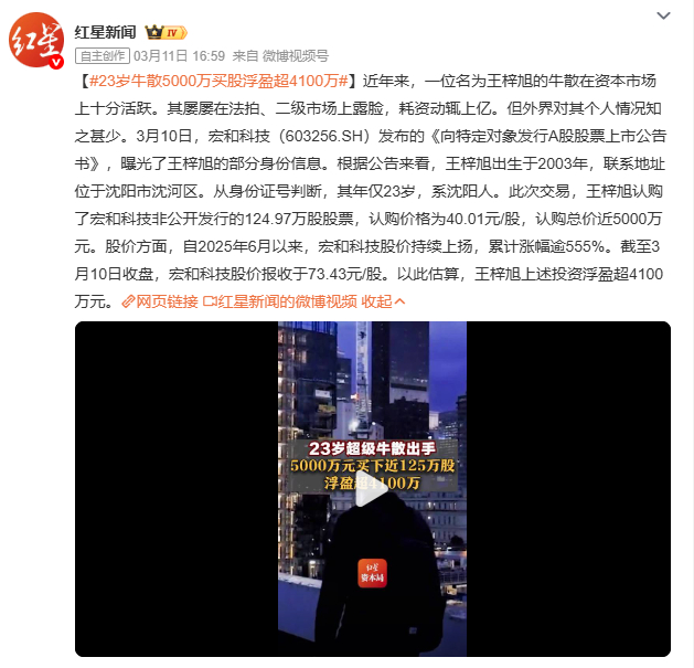 23岁牛散5000万买股浮盈超4100万王梓旭押注的宏和科技凭什么暴涨555%？