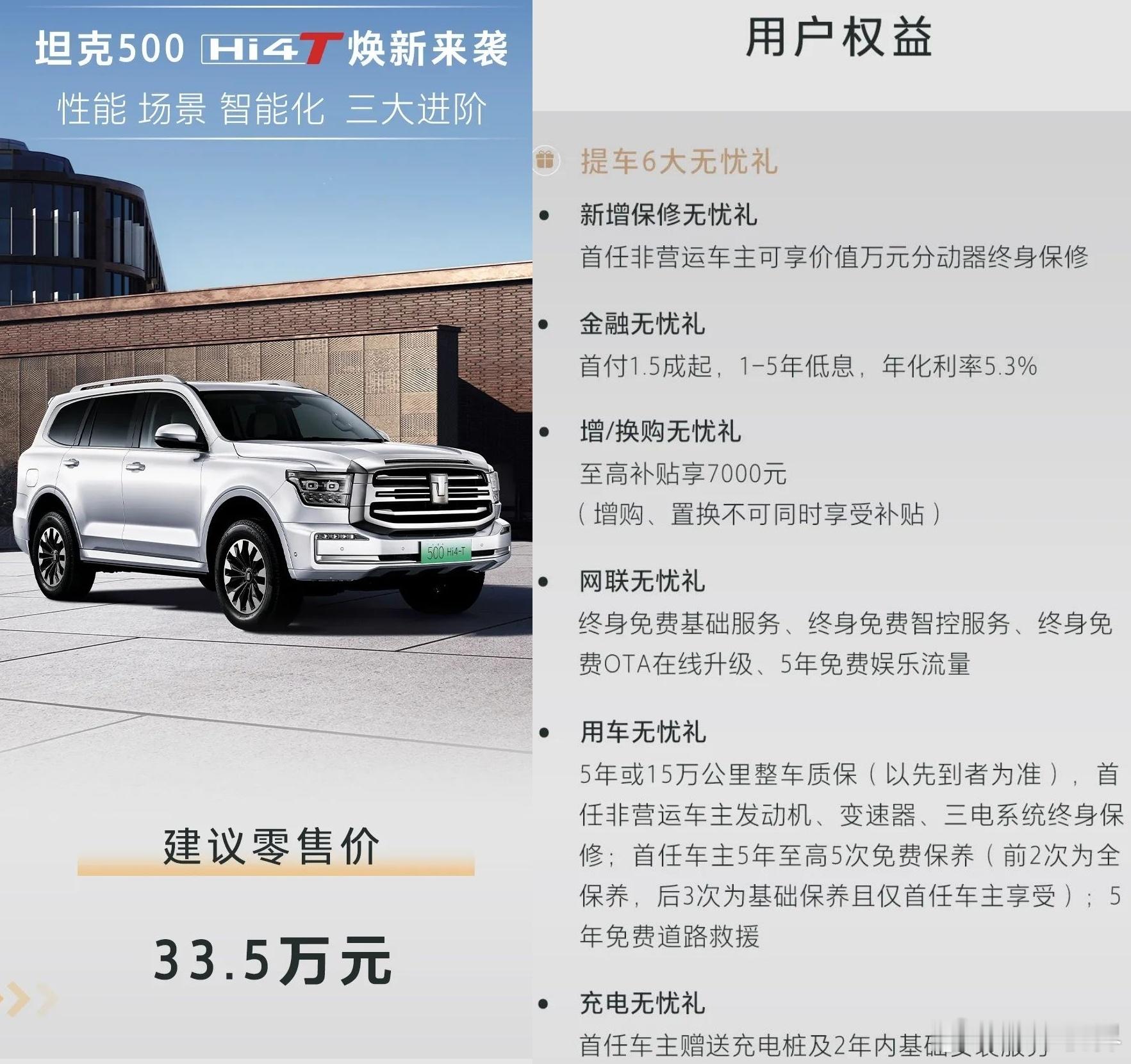 3月20日，新款坦克500 Hi4-T上市，售价33.5万元，购车可享发变/三电