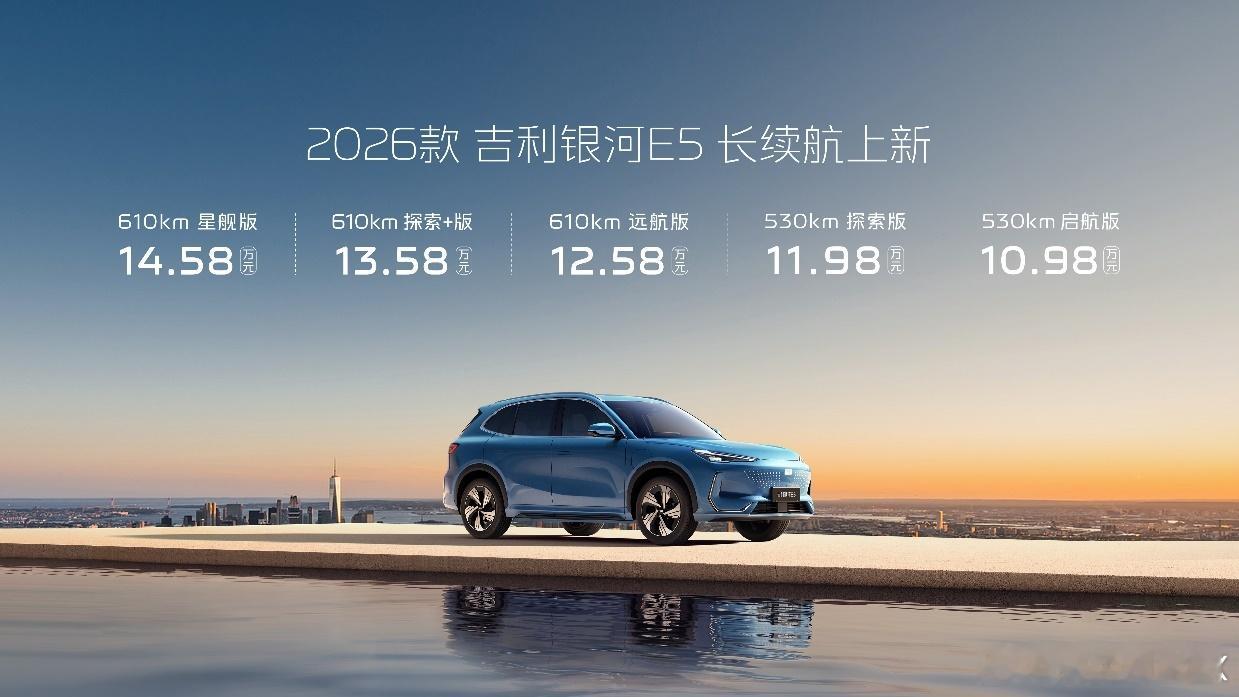 7月24日，2026款吉利银河E5上市，价格为10.98~14.58万元，与去年