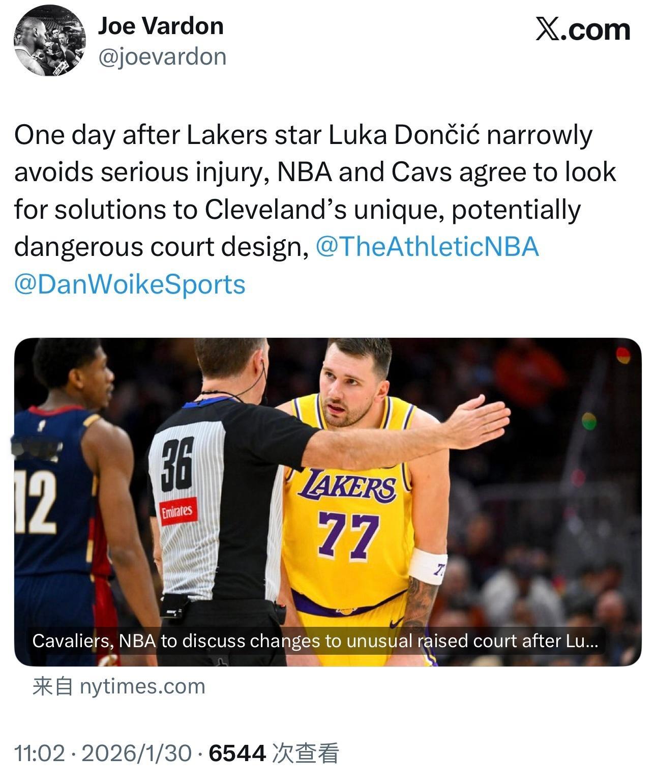 据The Athletic记者Joe Vardon报道，NBA将与骑士队就其独特