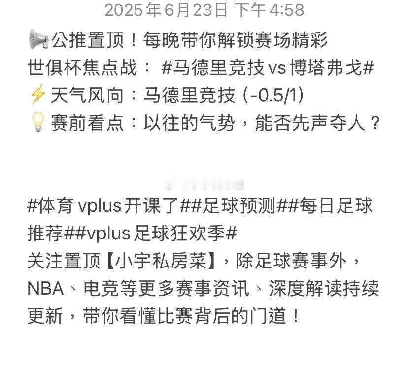 📢公推置顶！每晚带你解锁赛场精彩世俱杯焦点战：马德里竞技vs博塔弗戈​⚡️天气