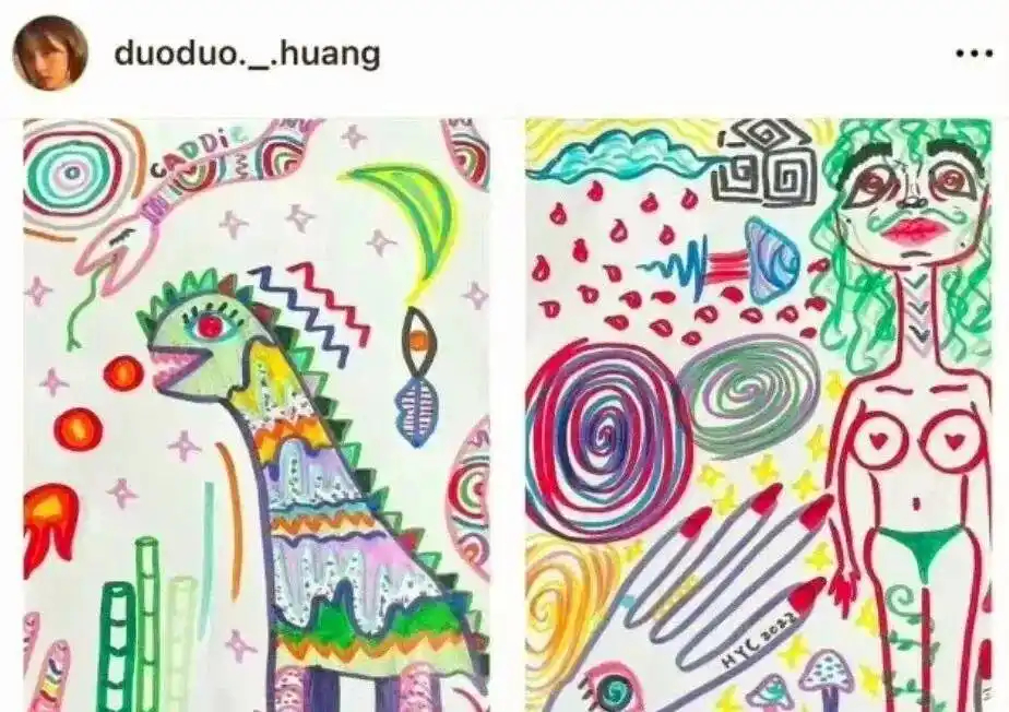 王诗龄和黄多多两幅画被拿来对比：一个抢眼有冲击力，一个朴素耐看。 ​​​