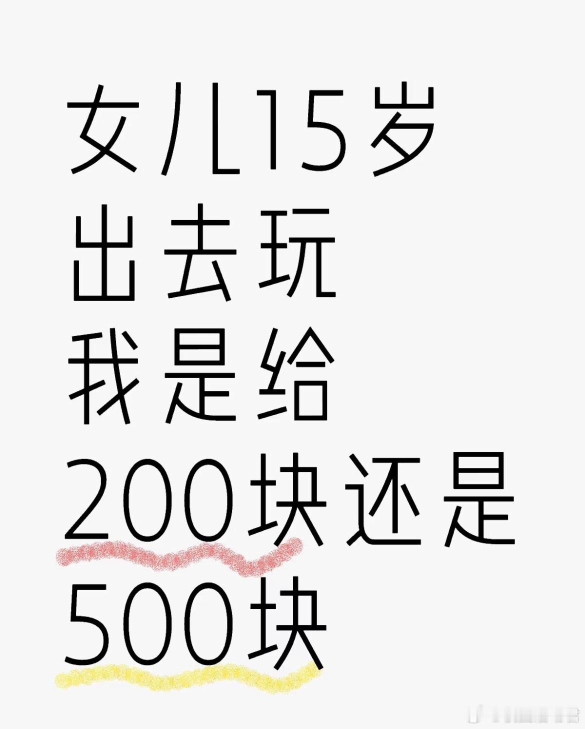 女儿15岁出去玩我是给200块还是500块？ ​​​