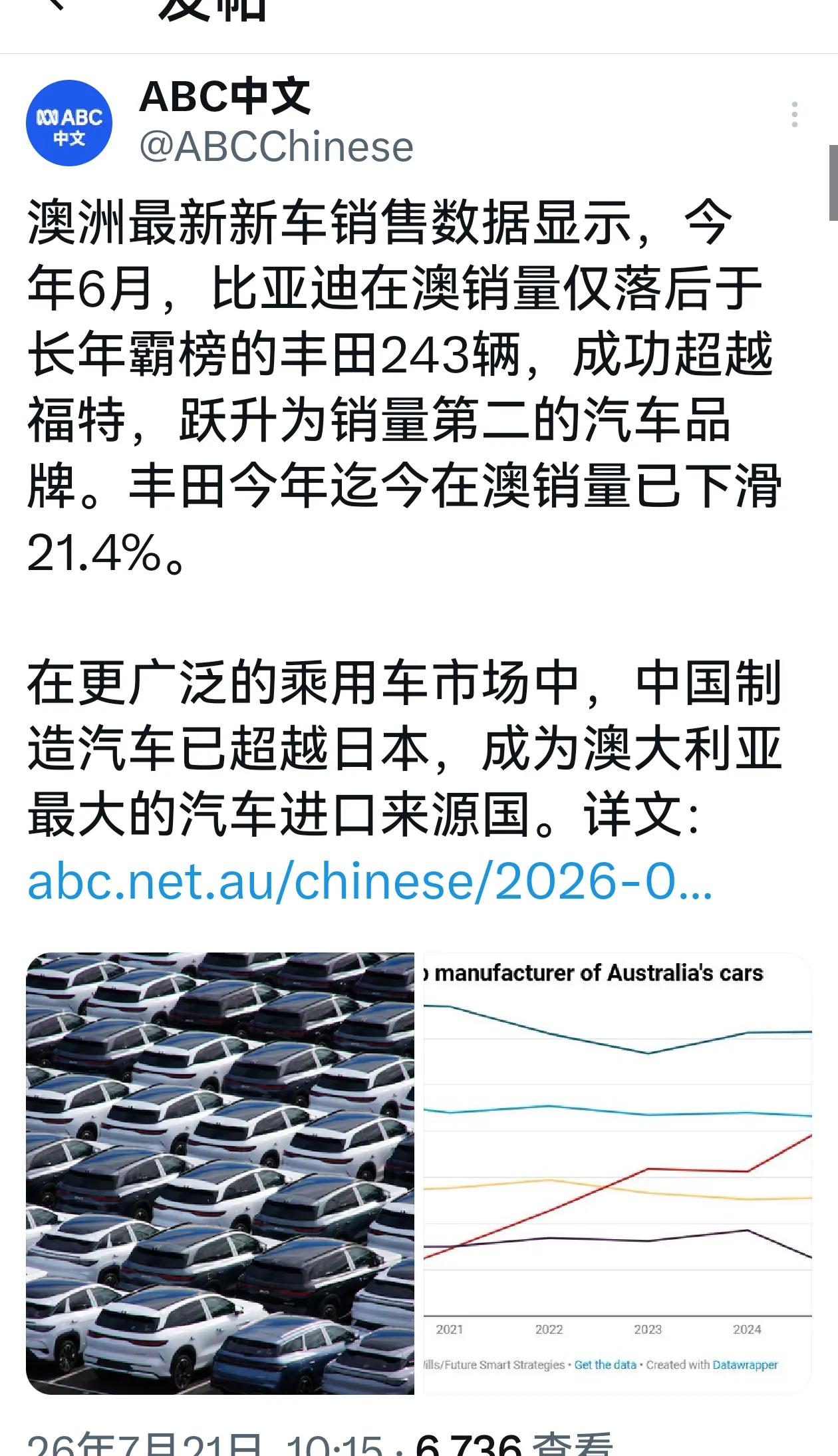 在澳大利亚，
比亚迪已经彻底灭掉了美国车，
中国汽车已经彻底灭掉了日本汽车，
中