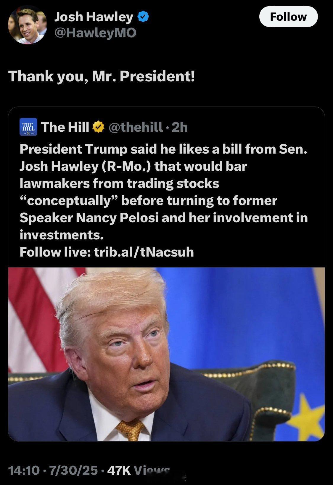 三个小时之内，大统领的态度急转直下。原本霍利提出法案，禁止国会议员进行证券交易，