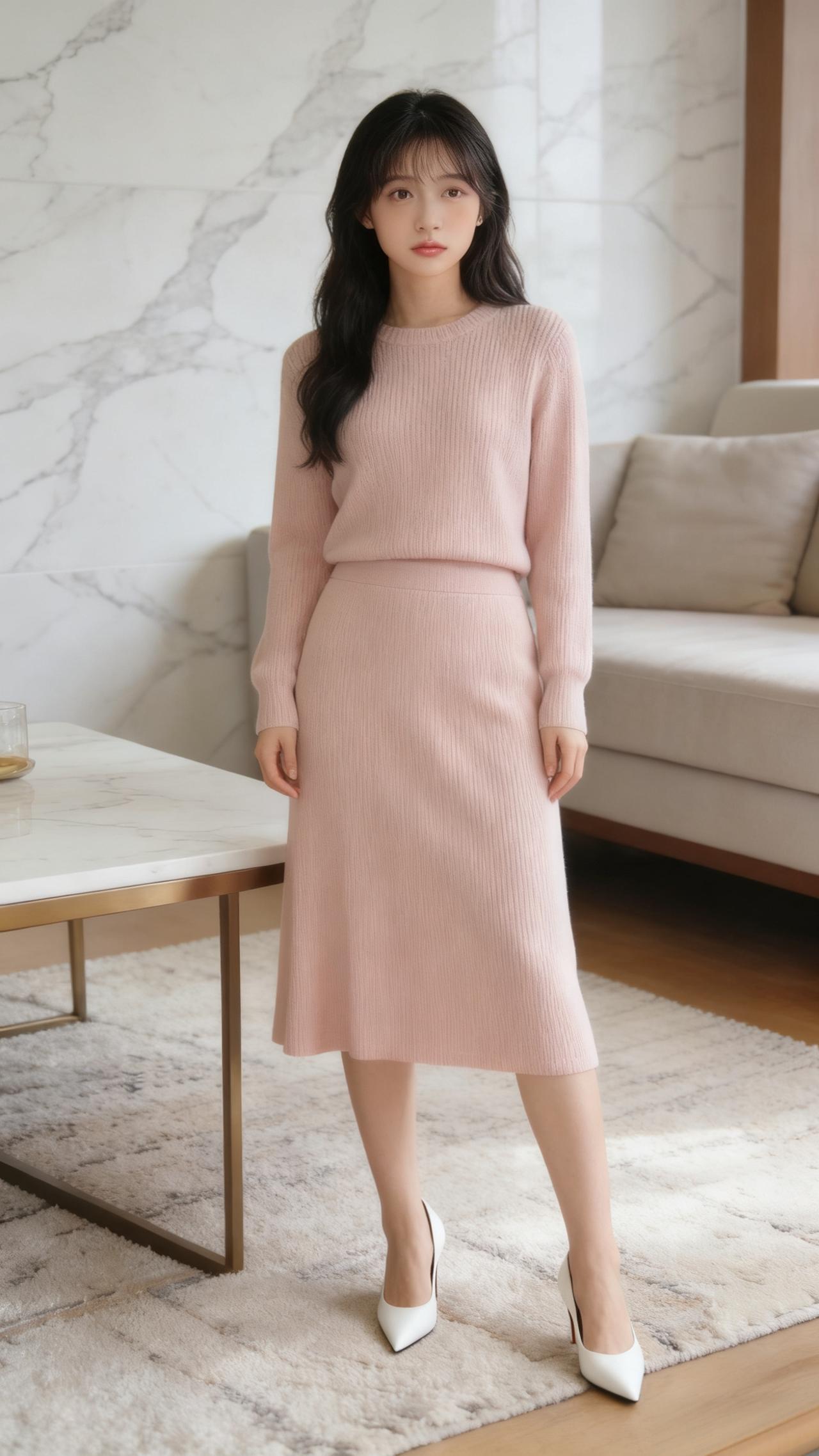 温柔的浅粉色针织套装，上衣与同色系半裙的修身剪裁贴合身形，尽显温婉优雅。搭配一双