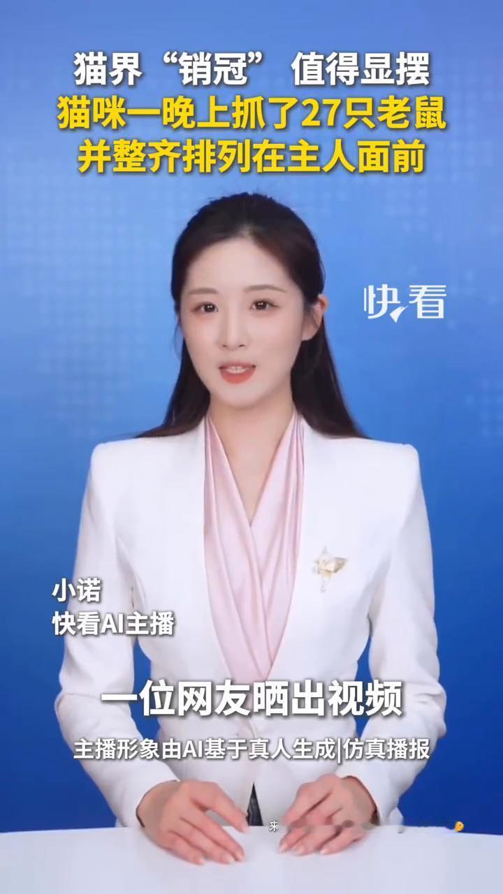 猫界"销冠"值得显摆，猫咪一晚上抓了27只老鼠并整齐排列在主人面前。
小诺。
一