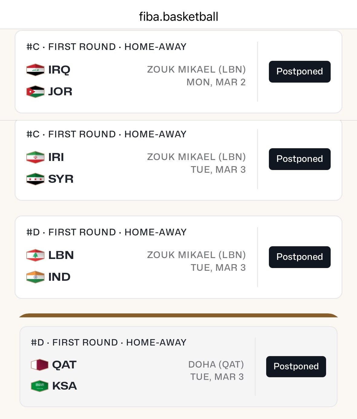 由于战事亚篮联已经叫停原定于明天和后天进行的4场男篮世界杯预选赛西亚地区的小组赛