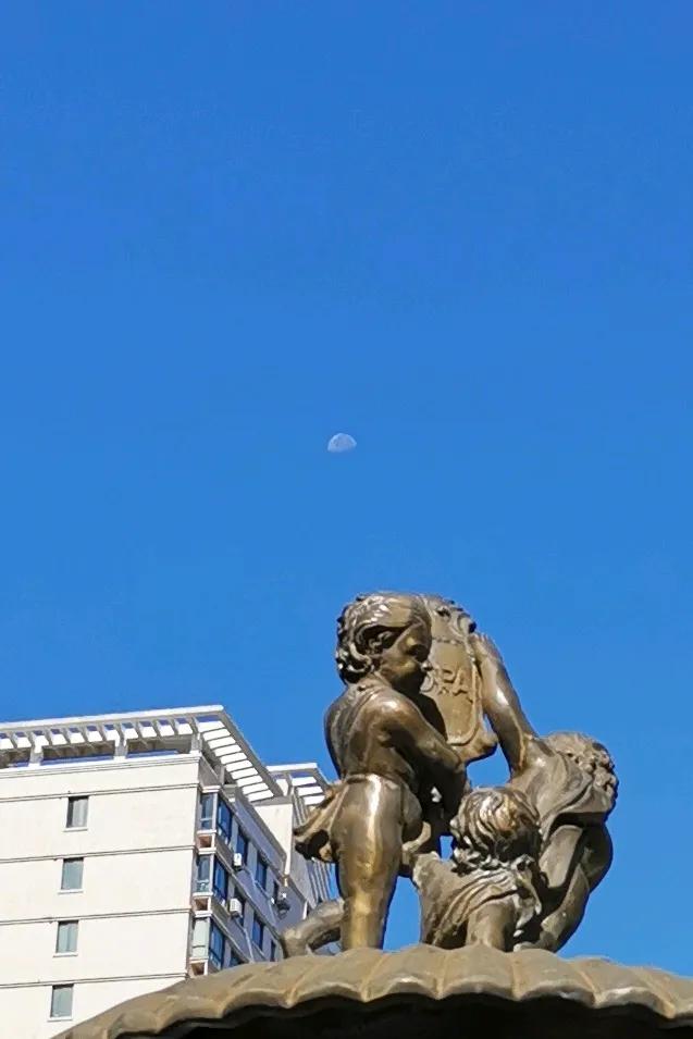 早上8：40分，月亮仍然高悬在天空中。
八月十五中秋过了。
台风“贝碧嘉”和“普
