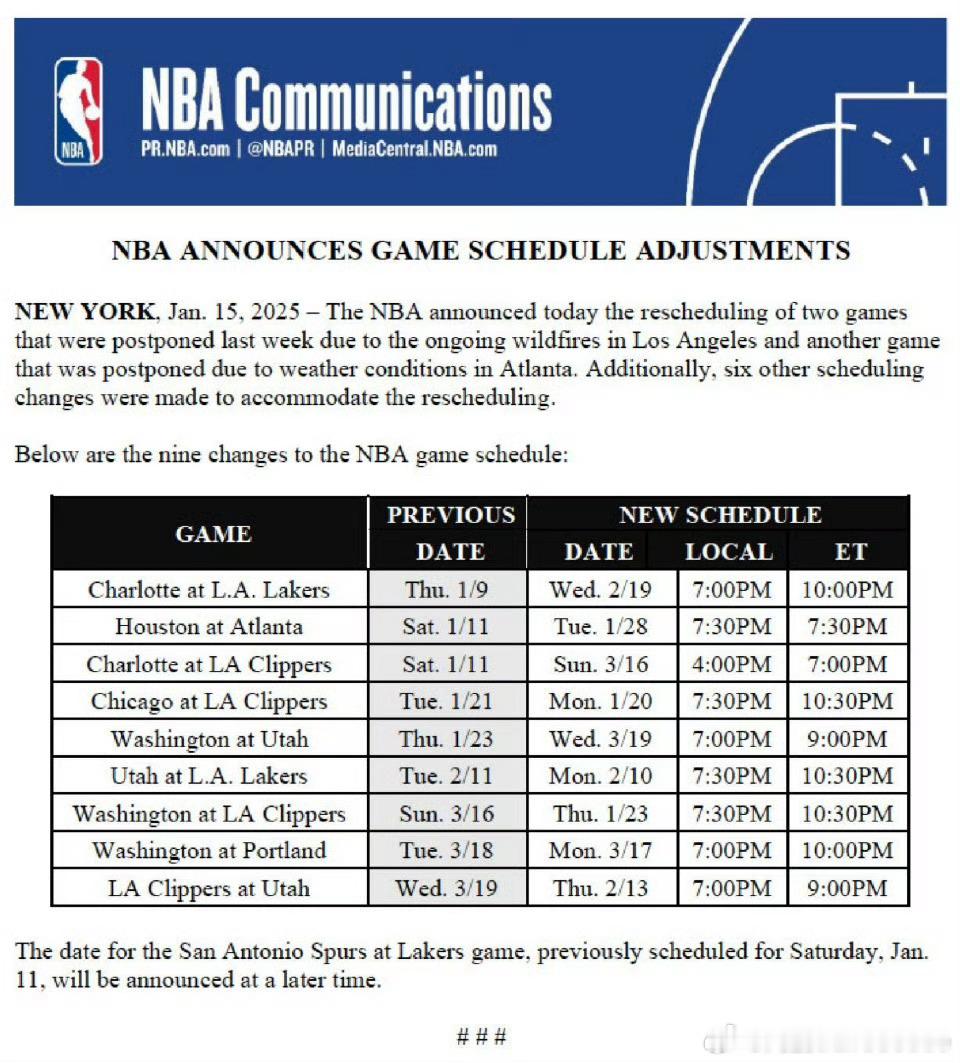 NBA官方公布补赛时间：火箭客场对阵老鹰的比赛将在北京时间1月29日进行。本身火