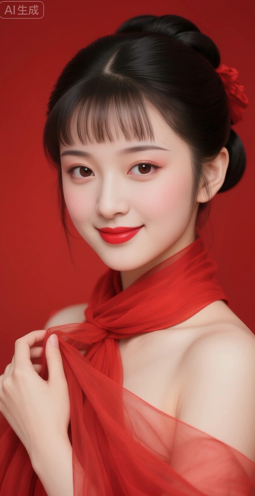 甜美红唇少女，优雅气质，红衣飘逸，尽显东方韵味。