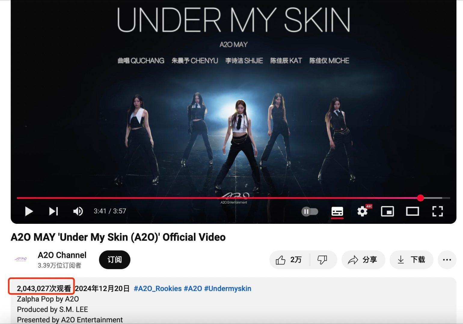 内娱女团A2O MAY的出道曲Under My Skin油管播放量破200w[哆