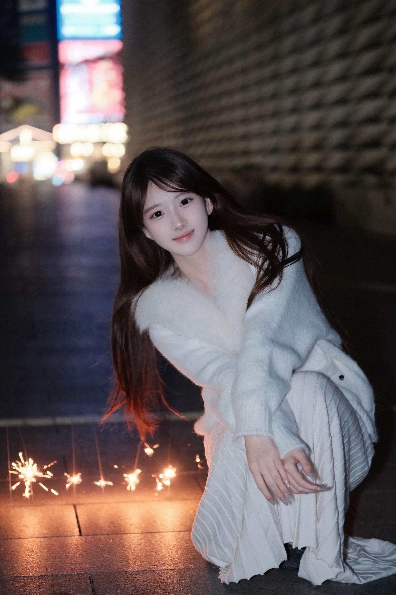 夜晚的烟火与少女，梦幻的街拍瞬间夜景气质少女 美女街拍照 甜酷街拍大片 街拍美女