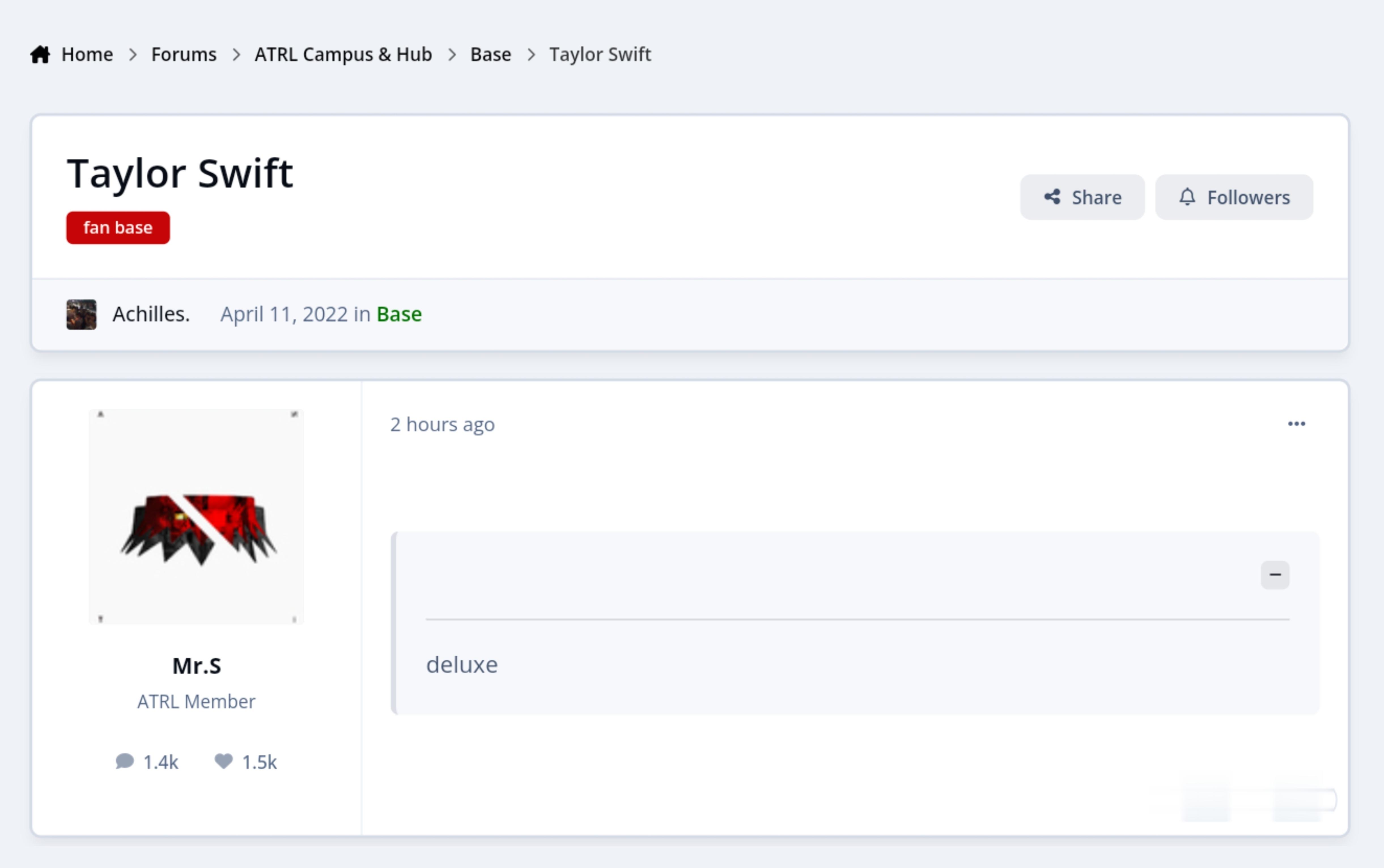ATRL内部人士Mr. S在霉霉 Taylor Swift 社区留言：“delu