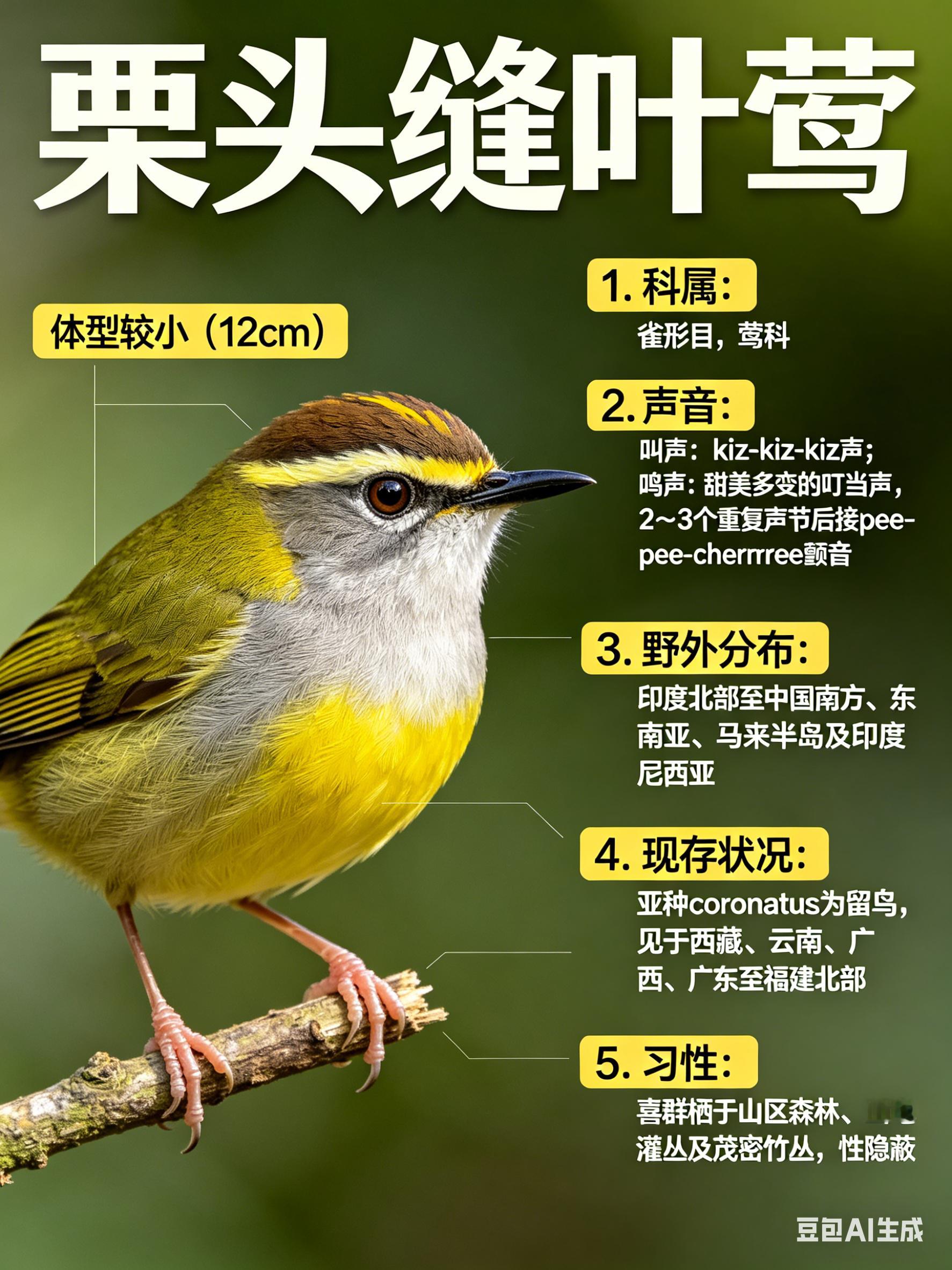 鸟类朋友图鉴 栗头缝叶莺·科属：雀形目，莺科。·外形特征：体型较小（12cm）的