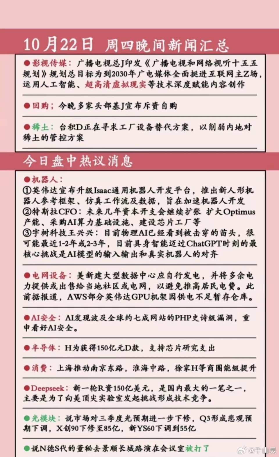 10.22周四  晚间：财经热点信息整理！​1.影视传媒2.多家基金回购3.机器