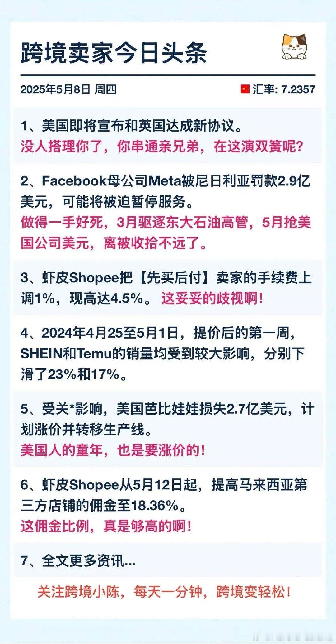 跨境电商今日⑩条：2025年5月8日1. 美国即将宣布和英国达成新协议。没人搭理