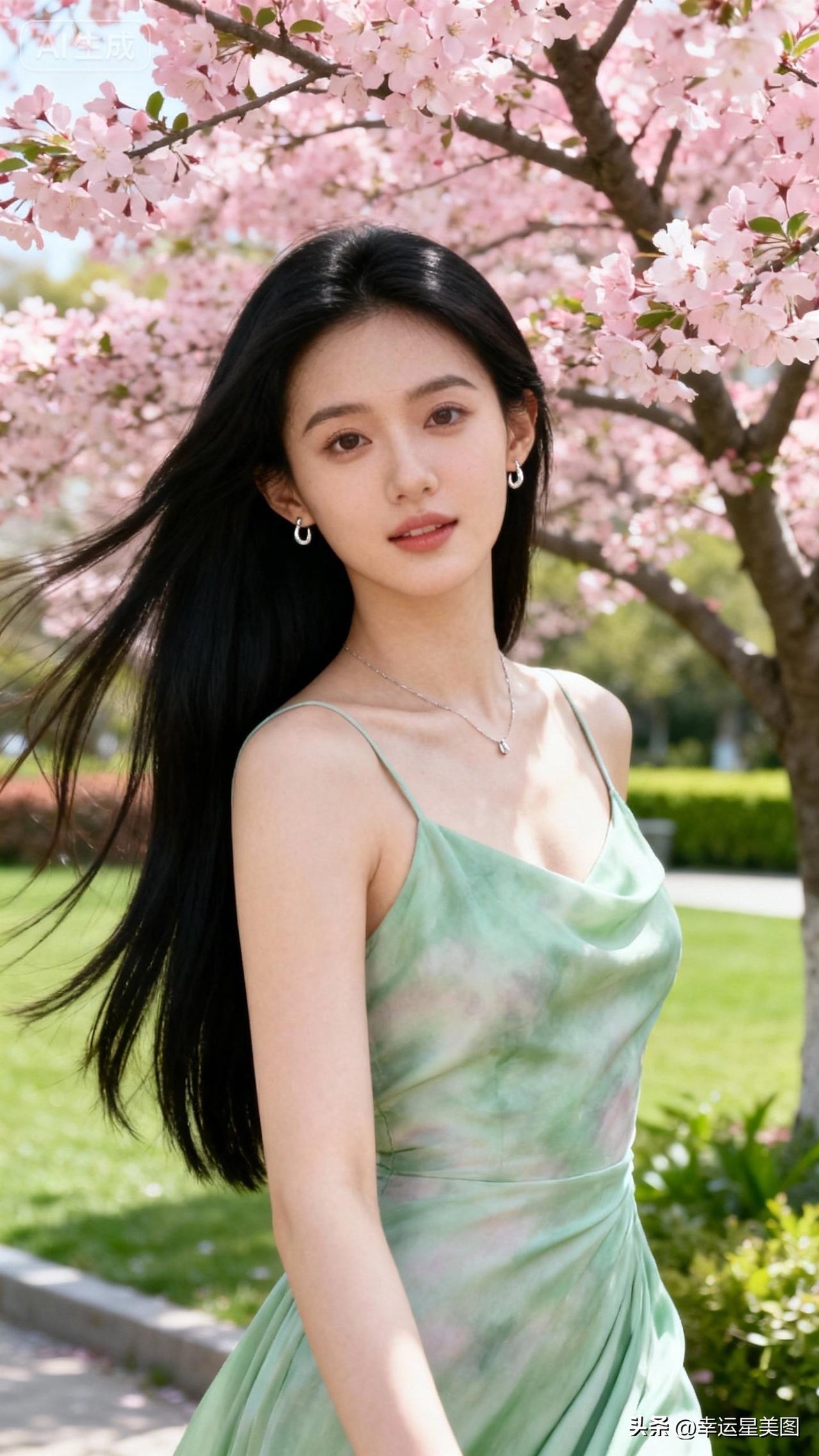 樱花树下，少女轻纱飘逸，春意盎然。