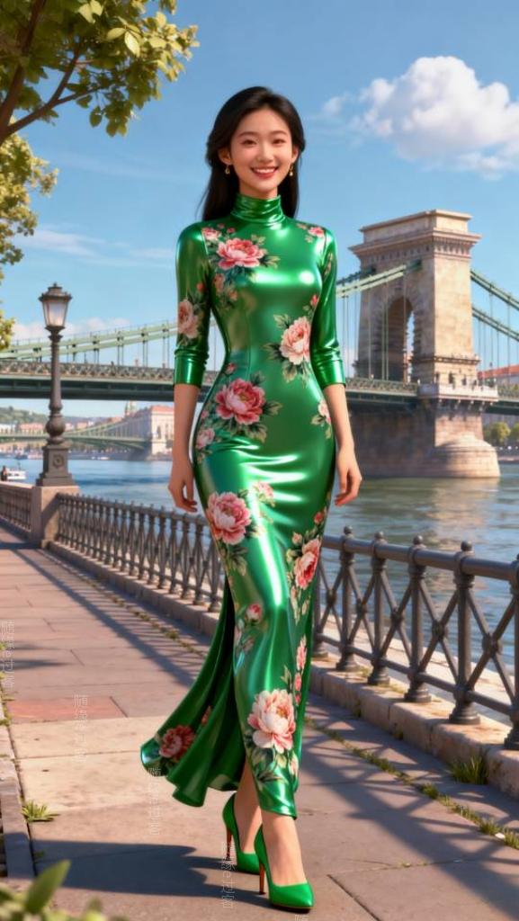 绿裙女子链桥旁摆拍。连衣裙 美女壁纸