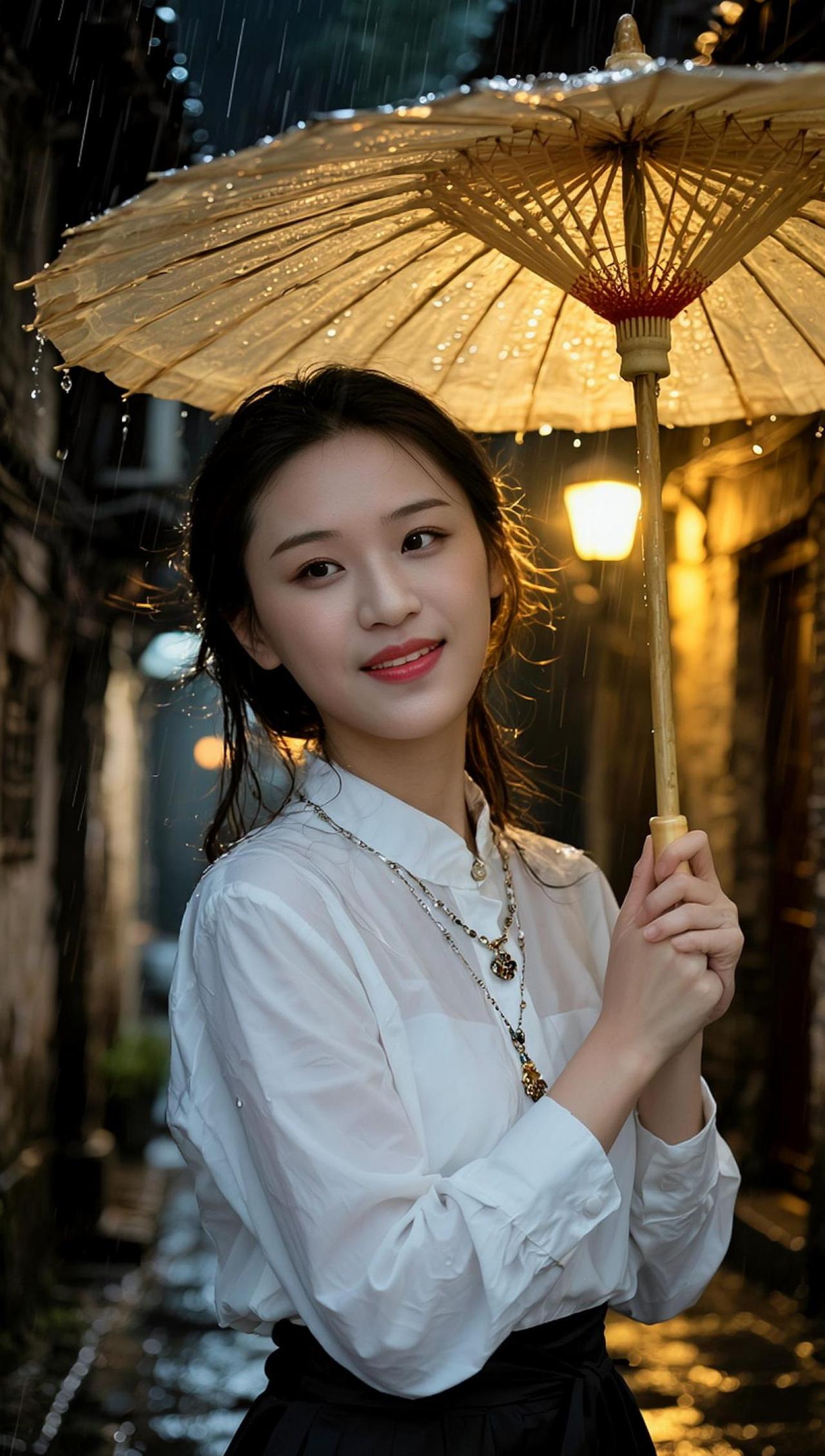 在细雨绵绵的夜晚，一把油纸伞撑起了一片静谧的天地。昏黄的灯光洒在青石板路上，仿佛